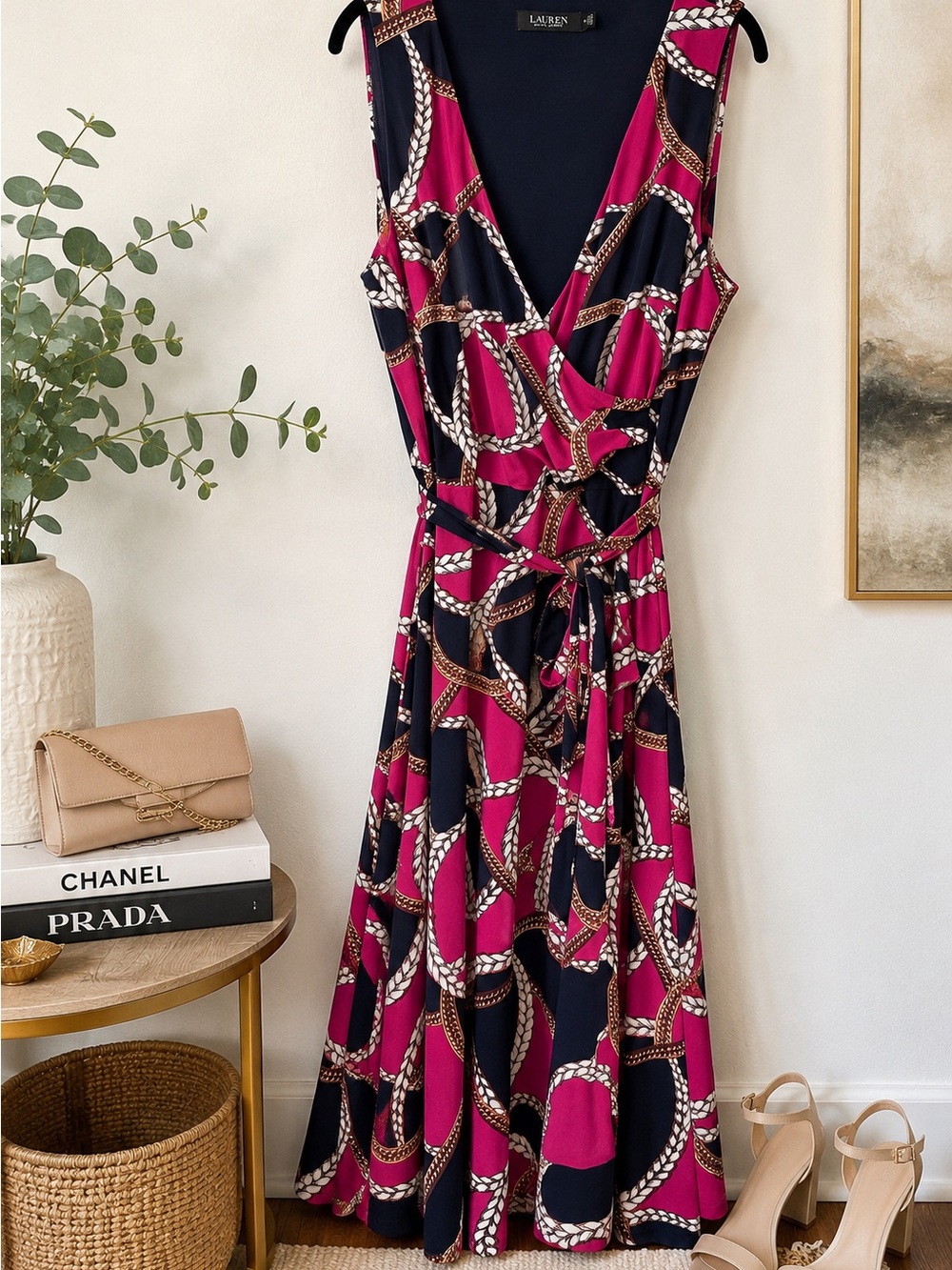 Lauren Ralph Lauren Pink Navy Rope Print Wrap Dress Size 16